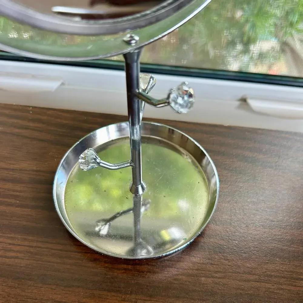 Vintage Chrome Vanity Mirror with Rhinestone Accents and Jewelry Tray – 11”